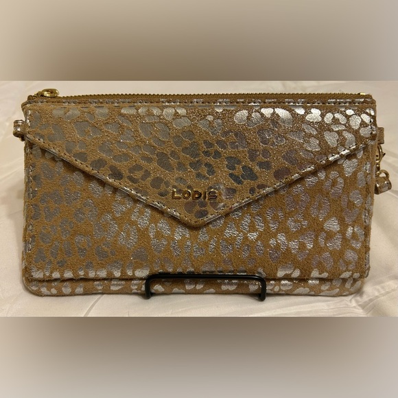 LODIS Suede & Leather Convertible Crossbody Silver and Gold Leopard Prin… - Picture 4 of 11